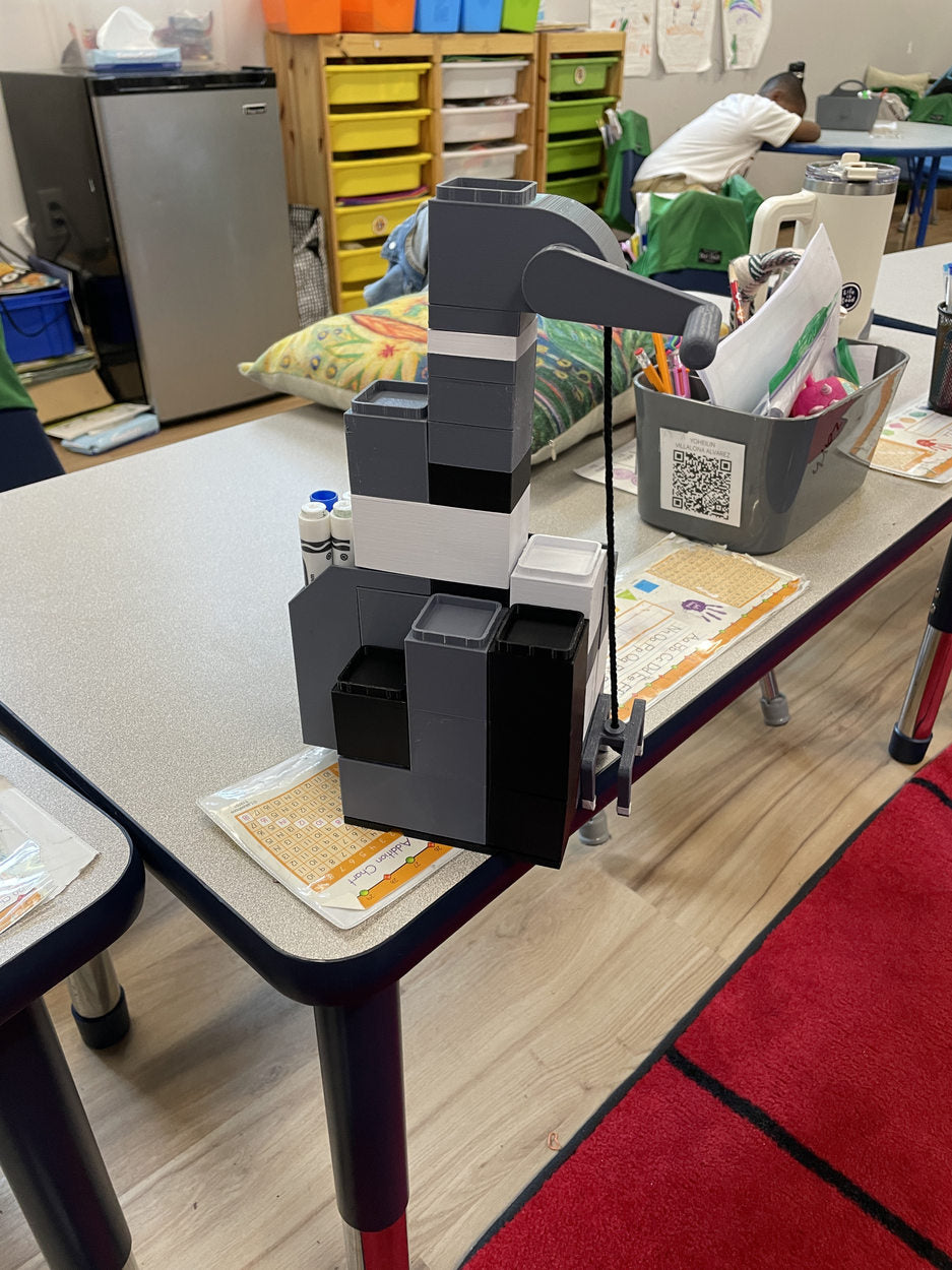 A unique student-designed block structure on a desk
